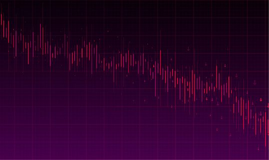 Purple and Red financial market chart candles and arrows vector background for representing falling stock prices, cryptocurrency, currency or other financial markets. For use as background template for business documents, blogs, banners, advertising, brochures, posters, digital presentations, slideshows, PowerPoint, websites