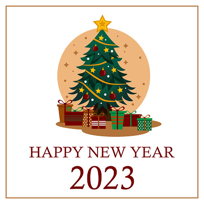 Christmas tree with many holiday gifts waiting for the holiday 2023 - Vector illustration