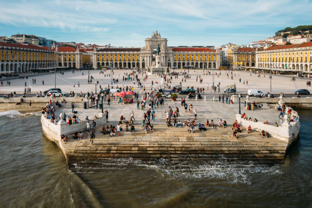 Aerial view of pedestrians at Praca do Comercio in Lisbon, Portugal stock photo