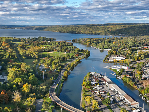 Early afternoon autumn aerial photo view of  Ithaca New York.
