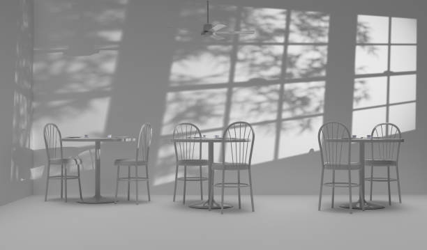 3D Illustration of an empty cafe with tables, chairs and celing fan and casted shadows of blinds and trees.
