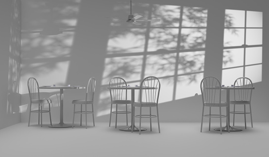 3D Illustration of an empty cafe with tables, chairs and celing fan and casted shadows of blinds and trees.