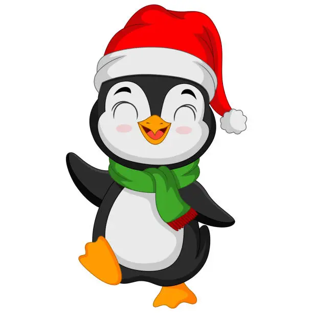 Vector illustration of Cute penguin wearing santa hat and scarf