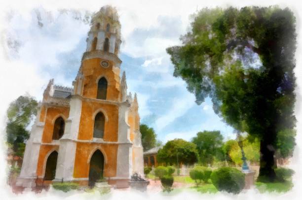 istock landscape of yellow ancient gothic architecture ancient church watercolor style illustration impressionist painting. 1433222292