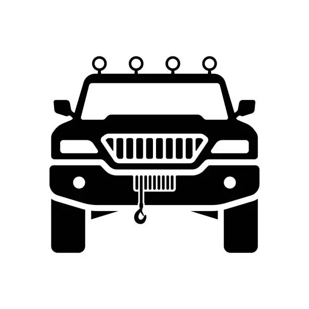 Vector illustration of SUV icon. Large off-road vehicle with a winch. Black silhouette. Front view. Vector simple flat graphic illustration. Isolated object on a white background. Isolate.