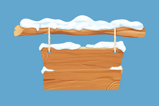 istock Old winter wooden blank, signboard with snow, rope in cartoon style.Empty frame, direction plank isolated on white background. Season decoration. Vector illustration 1433224822