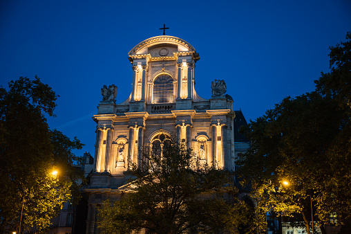 Saint-Gervais-Saint-Protais, Roman Catholic church located in the 4th arrondissement of Paris, on Place Saint-Gervais in the Marais district, near City Hall or Hotel de Ville, night time view