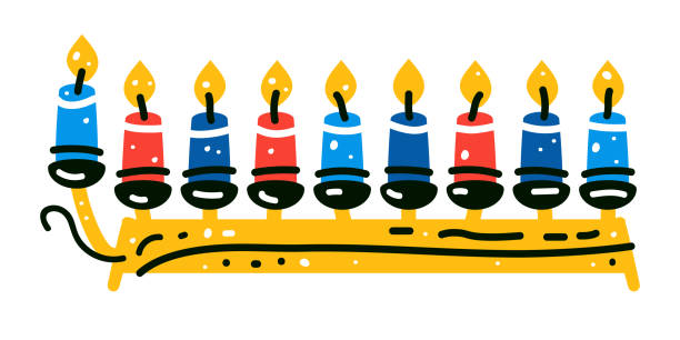 Hanukkah menorah candelabrum with nine lit candles flat vector. Hanukkah menorah candelabrum with nine lit candles flat vector. Hanukka menorah isolated on white hanukkah candles stock illustrations