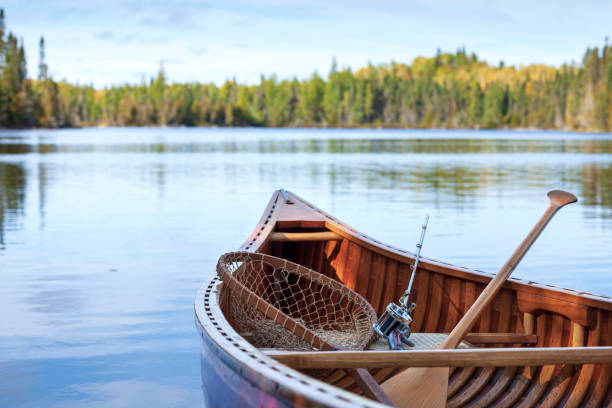 Selective focus view of wooden canoe with vintage fishing rod and net on a Boundary Waters lake Selective focus view of wooden canoe with vintage fishing rod and net on a Boundary Waters lake boundary waters canoe area stock pictures, royalty-free photos & images