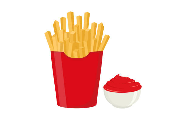 french fries illustration in red packet box French fried potato in a red pack box. French fries and sauce illustration in flat style. Fast food, junk. Cartoon vector illustration. fried potato stock illustrations