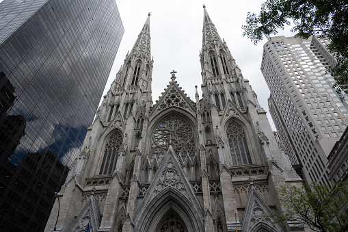 New York, NY, USA - June 9, 2022: Facade of St. Patrick's Cathedral.