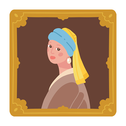 Flat hand drawn style interpretation of Girl with a pearl earring by Vermeer. Stylized Fine Art. Canvas in golden museum frame. Vector illustration.