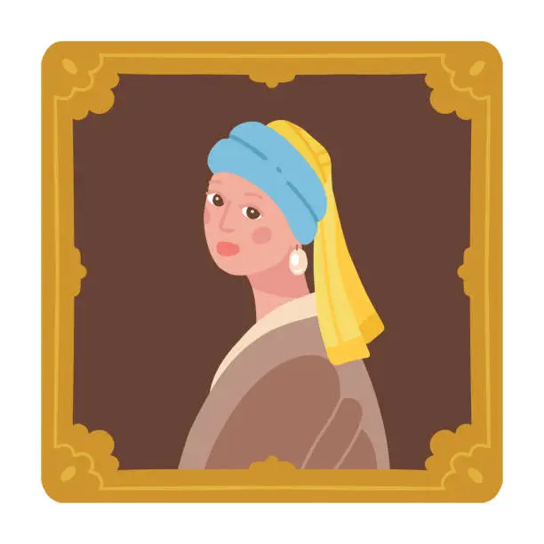 Vector illustration of Flat hand drawn style interpretation of Girl with a pearl earring by Vermeer. Stylized Fine Art. Canvas in golden museum frame. Vector illustration