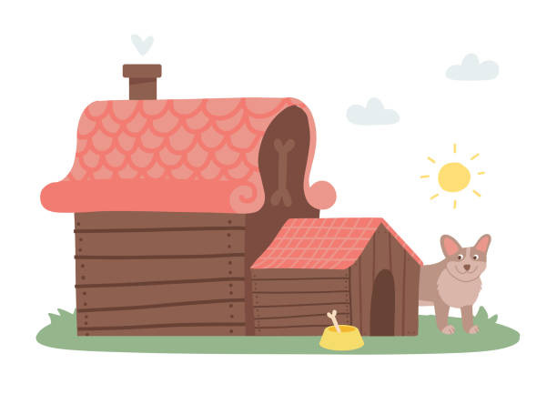 ilustrações de stock, clip art, desenhos animados e ícones de dog staying near huge wooden kennel with bone in bowl. vector flat cartoon illustration of cute puppy and doghouse isolated on white background - in the dog house kennel house isolated