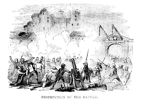 French citizens revolted against the monarchy by storming the Bastille prison and freeing the prisoners during the French Revolution July 14, 1789. 18th Century French history.  Illustration published in 1868. Source: Original edition is from my own archives. Copyright has expired and is in Public Domain.