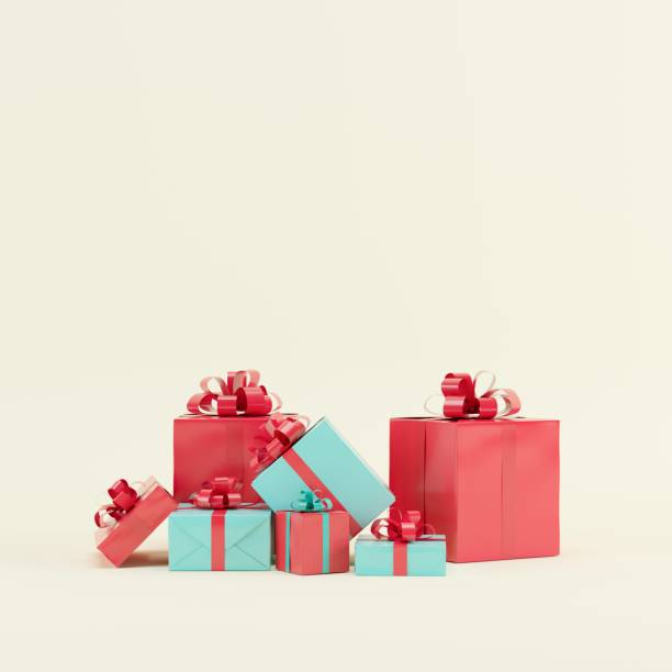 istock colorful Red and blue gift box set on yellow background for copy space. 3D render. minimal Christmas idea concept. 1433235555