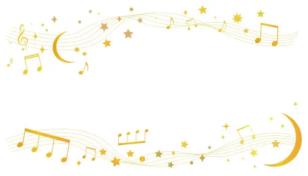 Vector illustration of A frame illustration of a gold musical score inspired by a night sky studded with stars and moons