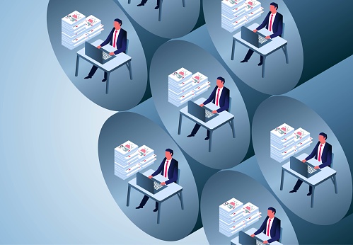 Isometric businessmen work in a hive of office space, a depressing work environment and work pressure, busy and never-ending work