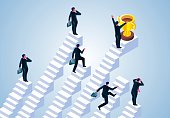 istock Choose the correct ladder to reach or realistic success or reach the goal, isometric competition in the businessman only one person looking for the ladder of success to successfully get the trophy 1433239765