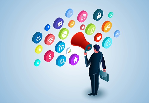 Digital marketing strategy to promote new business to attract more customers, multimedia digital advertising promotion, isometric businessman with a megaphone standing in the middle of digital icons shouting