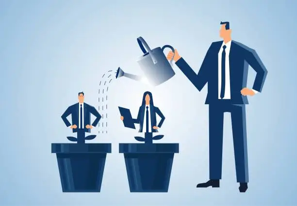 Vector illustration of Self-improvement or career development, career guidance or corporate employee training, corporate culture, motivating employees to develop or improve their career skills, manager holding a watering can to water the employees pla