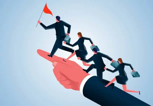 Vector illustration of The isometric manager holds the flag to lead the team forward together on the index finger of guidance, leadership or business coaching to help achieve goals and success