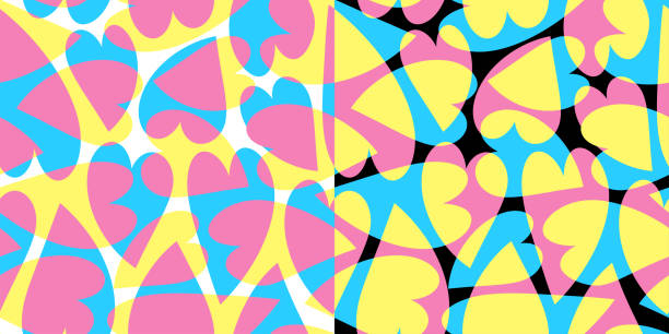 istock Set of seamless patterns with hearts in CMYK colors on white and black background 1433244680