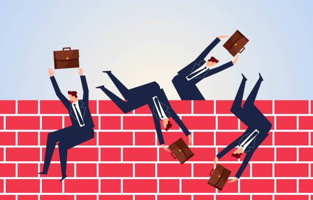 A group of businessmen tumbled out of the wall, over the blockade and escaped to the outside, the state and political A group of businessmen tumbled out of the wall, over the blockade and escaped to the outside, the state and political immigrants crossing sign stock illustrations