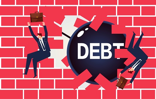 The iron ball of debt taxation smashes through the last brick wall of defense while knocking away the businessman, who faces serious debt and loan problems, financial mistakes, the concept of poverty or bankruptcy