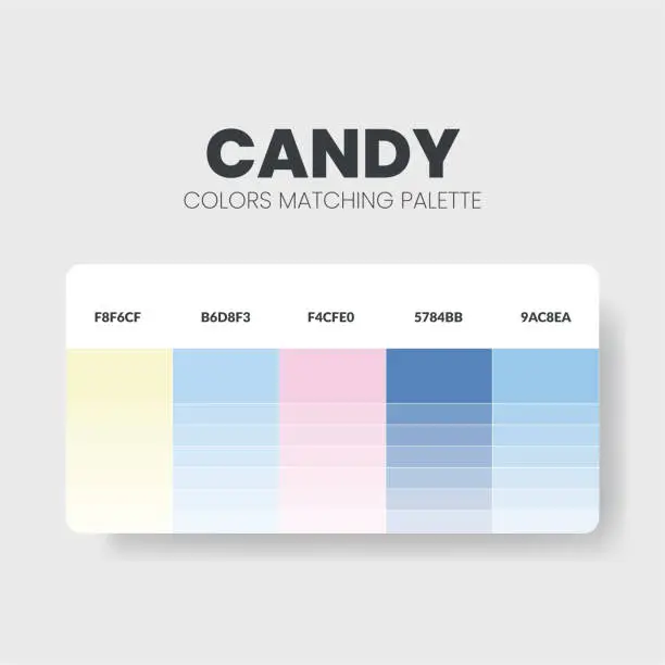 Vector illustration of Candy color scheme. Color Trends combinations and palette guide. Example of table color shades in RGB and HEX. Color swatch for fashion, home, interiors, design. Colour chart idea. Illustration.