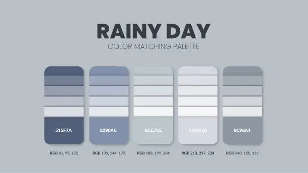 Vector illustration of Rainy day color scheme. Color Trends combinations and palette guide. Example of table color shades in RGB and HEX. Color swatch for fashion, home, interiors, design. Colour chart vector. Illustration.
