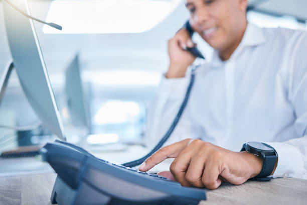 istock Call center business, administration consultant and sales man networking, talking and consulting on phone for crm telemarketing. Customer service support, service and communication contact for help 1433259082