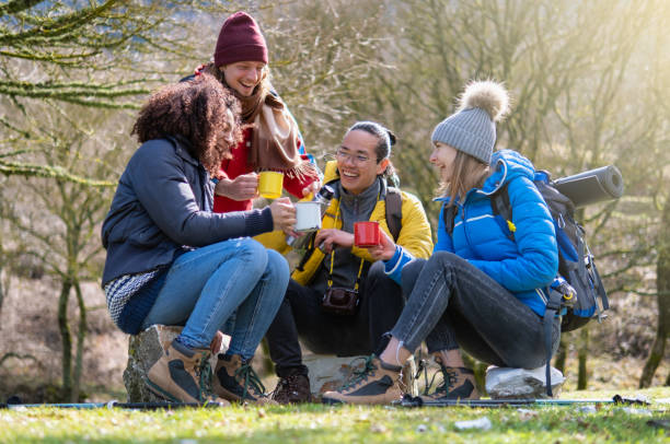istock Cheerful group of young hikers take breakfast on the mountain 1433259105
