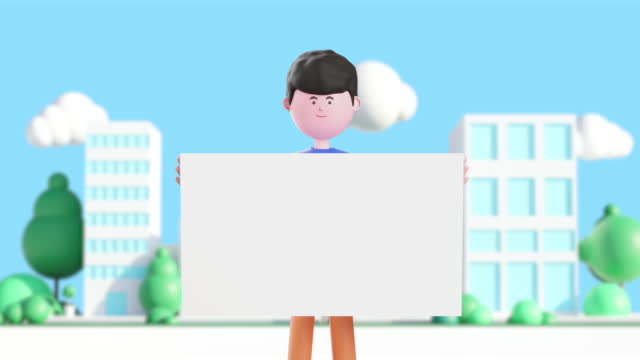 3d animation Happy cartoon laughin man holding blank white board.