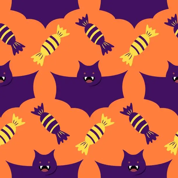 Vector illustration of Halloween pattern with bats and candies on orange background. Funny seamless pattern with cute bats and sweets in flat cartoon style. All Saints Day poster in Halloween colors