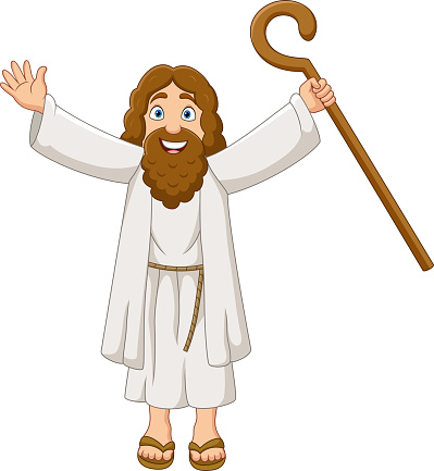 Vector illustration of Cartoon Moses holding wooden staff with open arms