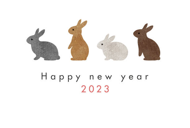 ilustraciones, imágenes clip art, dibujos animados e iconos de stock de lindos conejos acuarela tarjeta de año nuevo 2023 - conejo