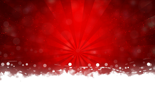 White colored snow and illuminated glowing fog, smoke and snow at the bottom edge border of a red horizontal backgrounds with sunburst or sunbeam. Can be used as Diwali, Xmas , New Year day celebrations background, wallpapers, gift wrapping sheets, posters, banners ad greeting cards. Small glitter like or glittery dots shining here and there.