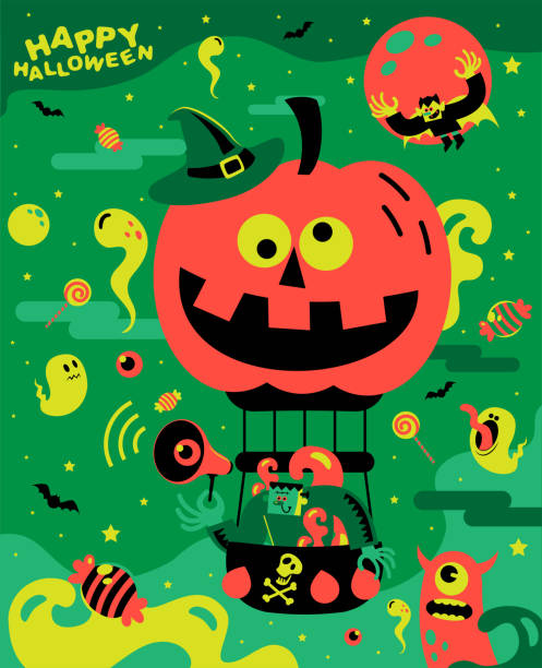 ilustrações de stock, clip art, desenhos animados e ícones de spooky frankenstein with one hand holding a megaphone is flying a hot air balloon made of a pumpkin head, a vampire is flying in the dark sky - full moon audio