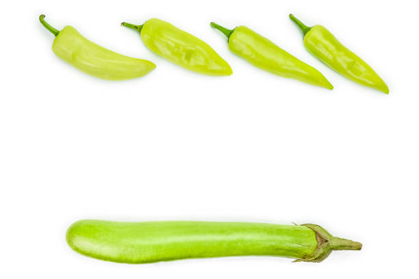 raw green eggplant with green pepper on white background
