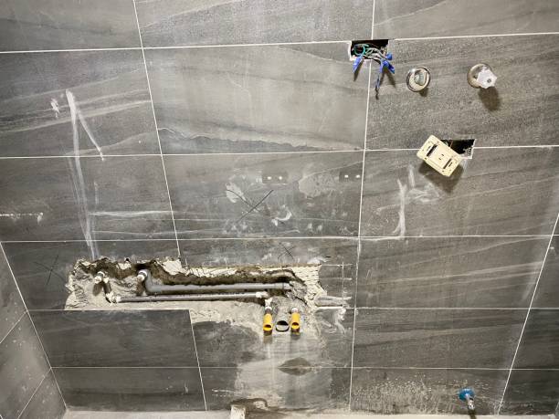 bathroom plumbing repair stock photo