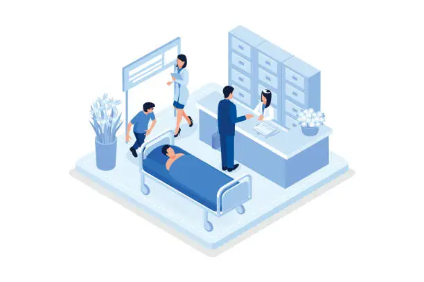 Vector illustration of Hospital Building and Ambulance Car. Stethoscope and Medicament Bottles lying around. Health Care Services and Online Medicine Concept, isometric vector modern illustration