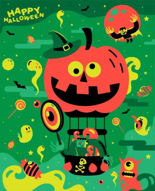 Vector illustration of Spooky Frankenstein with one hand holding a magnifying glass is flying a hot air balloon made of a pumpkin head, a Vampire is flying in the dark sky