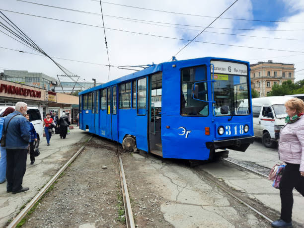 Tram derailed. stock photo