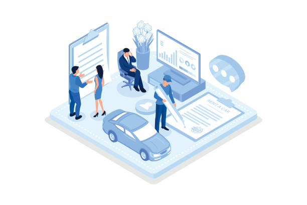 ilustraciones, imágenes clip art, dibujos animados e iconos de stock de hombre personaje comprando o alquilando auto y firmando formulario de póliza de seguro de auto. agente de seguros o vendedor que proporciona un documento de seguridad. auto care and protection concept, vector isométrico ilustración moderna - insurance car insurance agent auto accidents