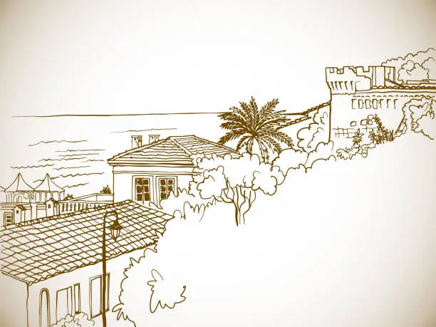 Vector illustration of Nice view of the sea, old houses and the ancient fortress. Monaco. Monte Carlo.