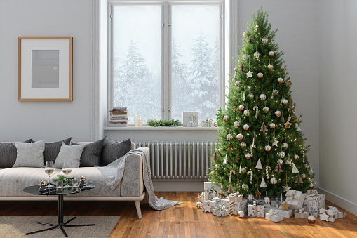 Modern Living Room Interior With Sofa, Christmas Tree, Gift Boxes And Snowy View From The Window