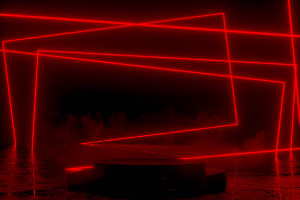 istock Empty Product Podium, Platform in Dark Room with Red Ultraviolet Neon Laser Glowing Lines 1433277783