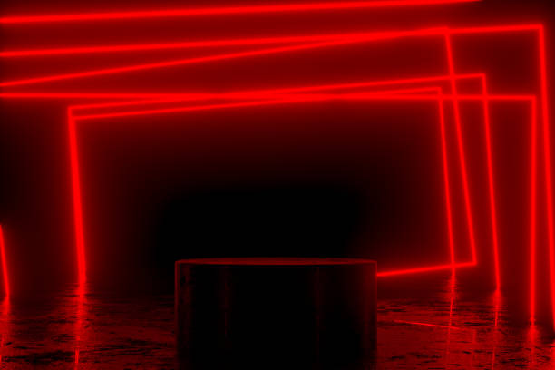 istock Empty Product Podium, Platform in Dark Room with Red Ultraviolet Neon Laser Glowing Lines 1433277806