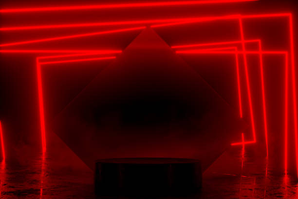 istock Empty Product Podium, Platform in Dark Room with Red Ultraviolet Neon Laser Glowing Lines 1433277836